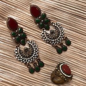 Rare Victorian Era Red Green Filigree Dangle Indian Earrings & Teardrop Ring EUC
